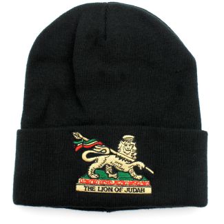 Lion of Judah Design Turn Up Beanie Hat - Black 
