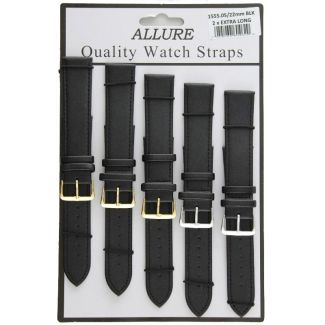 Wholesale Allure 2x Extra Long Leather Watch Straps - Assorted Buckle - 22mm (Black)