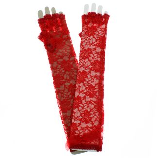 Long Fingerless Lace Gloves With Bow - Red 
