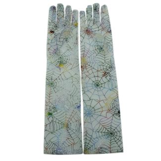 Long Ladies Fishnet Gloves With A Rainbow Spider Web