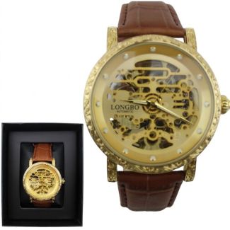 Longbo Men's Automatic Watch With Leather Strap- Gold & Brown (D5)