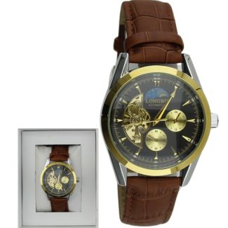 Longbo Men's Automatic Watch with Leather Strap - Brown/Gold