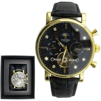 Longbo Men's Automatic Watch With Leather Strap - Gold & Black (D6)
