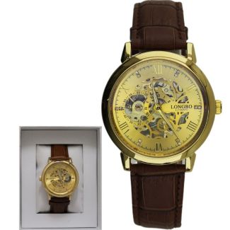 Longbo Men's Automatic Watch with Leather Strap - Gold/Brown