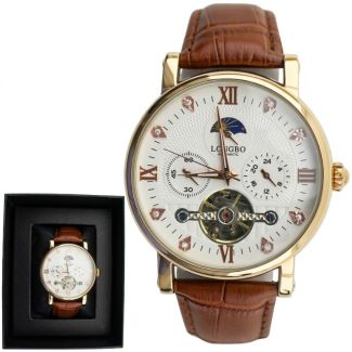 Longbo Men's Automatic Watch With Leather Strap - Rose Gold & Brown (D7)