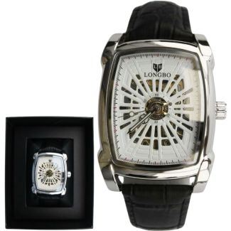 Longbo Men's Automatic Watch With Leather Strap - Silver & Black (D5)