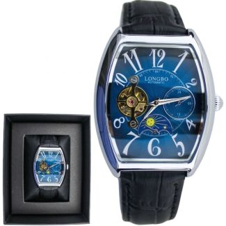 Longbo Men's Automatic Watch with Leather Strap - Silver/Black(D3)