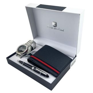 Luis Cardini Men's Watch With Pen Keychain Wallet Gift Set - Assorted 