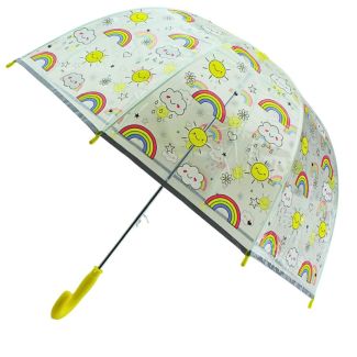 Children’s Rainbow & Smiley Sun Pattern Wind-Resistant Umbrella – Yellow Crook Handle