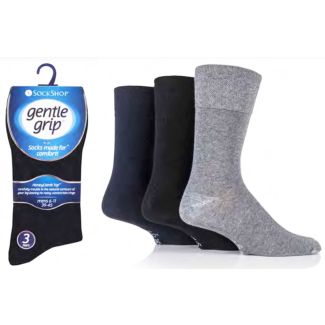 Men's Plain Cotton Blend Gentle Grip Ankle Socks (3 Pack) - Blk/Navy/Charcoal