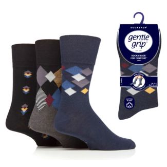 Men's "Metro Argyle" Gentle Grip Socks (3 Pack) - Assorted 