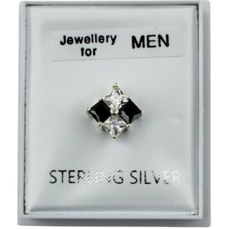 Men's Black & Clear Stone Sterling Silver Stud Earrings