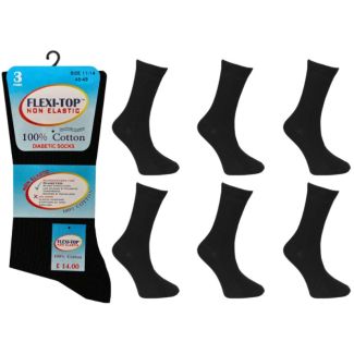 Men's Flexi Top Non-Elastic Big Foot Diabetic Socks - Black (3 Pack)