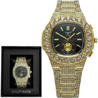 Men's NY London Round Diamond Metal Bracelet Watch - Gold/Black