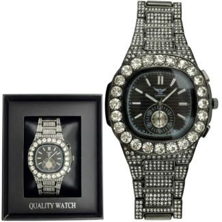Men's NY London Round Diamond Metal Bracelet Watch - Gun