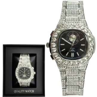 Men's NY London Round Diamond Metal Bracelet Watch - Silver/Black