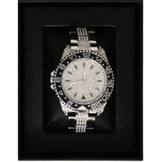 Men's NY London Round Metal Strap Watch With Diamonds - Silver/Black