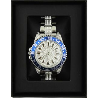 Men's NY London Round Metal Strap Watch With Diamonds - Silver/Blue