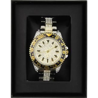 Men's NY London Round Metal Strap Watch With Diamonds - Tone/Black