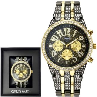 Men's NY London Round Metal Bracelet With Diamonds Watch - Gun/Gold
