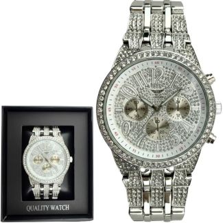 Men's NY London Round Metal Bracelet With Diamonds Watch - Silver
