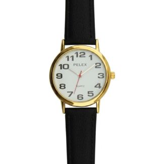 Men's Pelex Classic Round Dial Leather Strap Watch - Black & Gold