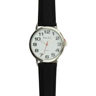 Men's Pelex Classic Round Dial Leather Strap Watch - Black & Silver