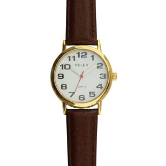 Men's Pelex Classic Round Dial Leather Strap Watch - Black & Gold