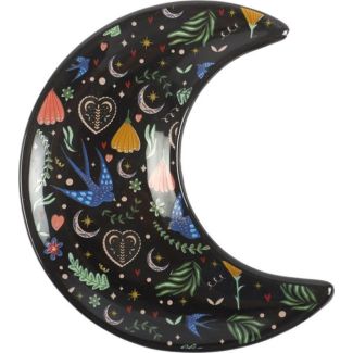 Midnight Bloom Crescent Moon Ceramic Trinket Dish