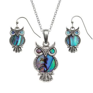 Natural Paua Shell Owl Pendant Necklace & Hook Earrings Set
