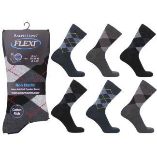 Men's Flexi Top Non Elastic Argyle Design Socks - Assorted