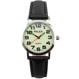 Pelex Ladies Glow in The Dark Classic Round Dial Leather Strap Watch - Black/Silver
