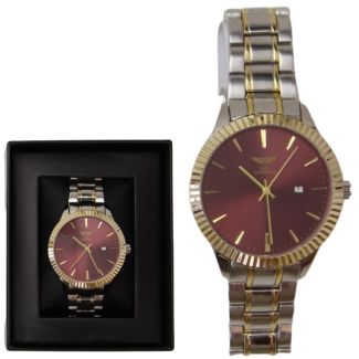 Wholesale Men's NY London Two Tone Round Metal Bracelet Watch - Silver/Gold/Red