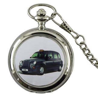 Wholesale Black Cab Print Pocket Watch with Chain - Silver