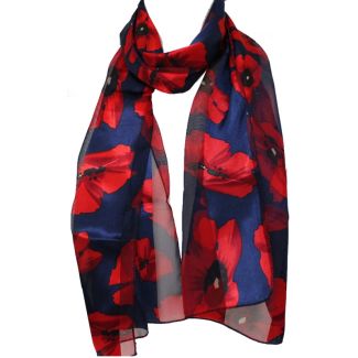 Ladies Satin Scarf Poppy Flower Design - Navy 