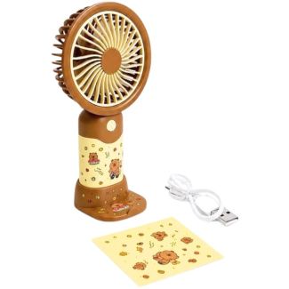 Portable USB Rechargeable Fan with Capybara Stickers and Phone Holder - Brown