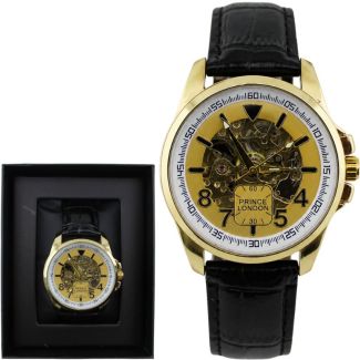 Prince Men's Automatic Watch With Leather Strap- Gold & Black (D7)
