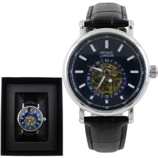 Prince Men's Automatic Watch With Leather Strap- Silver & Black (D6)