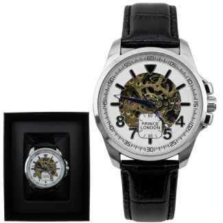 Prince Men's Automatic Watch With Leather Strap- Silver & Black (D7)