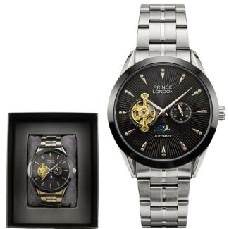Prince Men's Automatic Watch With Metal Bracelet - Silver & Black (D2)