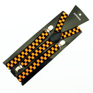 Printed Fashion Braces - Neon Orange & Black Chequered Design