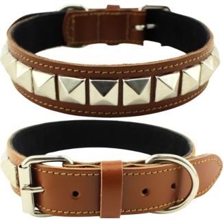 Pyramid Staffordshire Bull Terrier Leather Collar-Tan(22-25'')