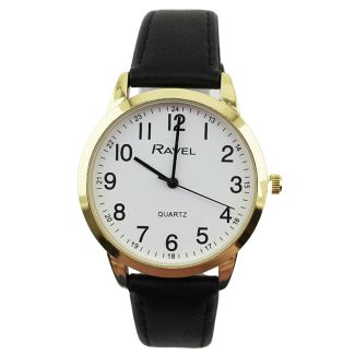 Wholesale Ravel Men's Classic Faux Leather Black Strap Watch - Gold & White