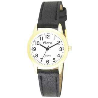 Ravel Ladies Classic Faux Leather Strap Watch-Black/Gold