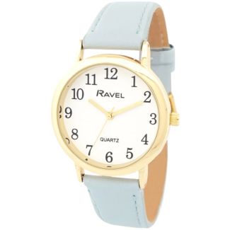 Ravel Ladies Medium Faux Leather Strap Watch - Sky Blue/Gold