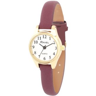 Ravel Ladies Petite Leather Strap Watch - Plum/Gold