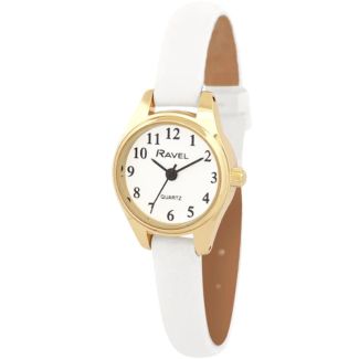 Ravel Ladies Petite Leather Strap Watch - White/Gold