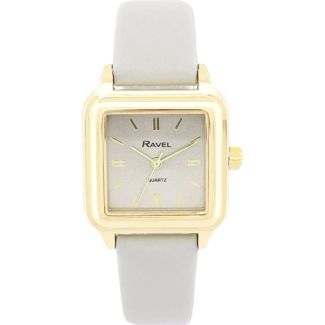 Ravel Ladies Square Leather Strap Watch - Grey/Gold