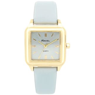 Ravel Ladies Square Leather Strap Watch - Sky Blue/Gold
