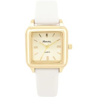 Ravel Ladies Square Leather Strap Watch - White/Gold